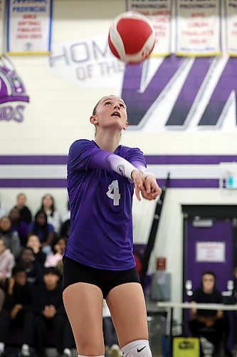 Ayla Church #4 of the Vincent Massey Vikings bumps the ball during the Vikings match against the Collège Stonewall Collegiate Rams in the Viking Classic High School Varsity Girls Volleyball Tournament at VMHS on Friday.
(Tim Smith/The Brandon Sun)