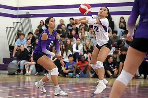 Gabby Jarata #12 of the Vincent Massey Vikings bumps the ball during the Vikings match against the Collège Stonewall Collegiate Rams in the Viking Classic High School Varsity Girls Volleyball Tournament at VMHS on Friday.
(Tim Smith/The Brandon Sun)