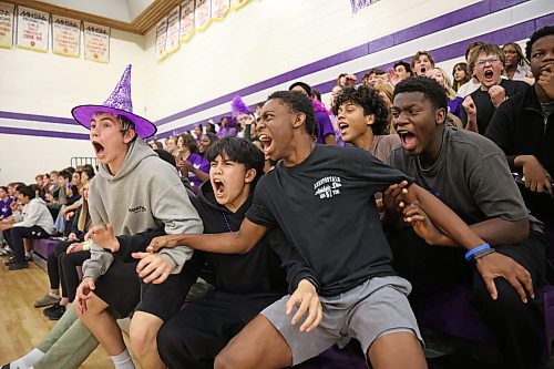 Fans celebrate as the Vincent Massey Vikings score a point during their match against the Dr. Martin LeBoldus High School Golden Suns during the Viking Classic High School Varsity Volleyball Tournament at VMHS on Friday.
(Tim Smith/The Brandon Sun)