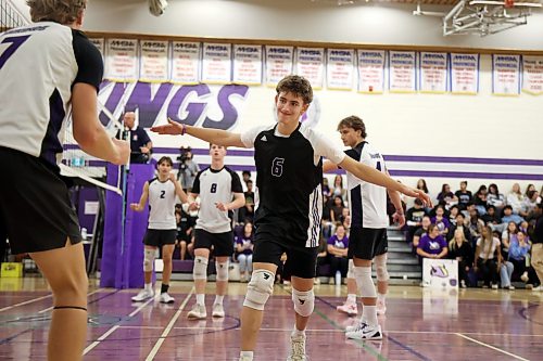 Ashton Penner #6 of the Vincent Massey Vikings celebrates a point with teammates as the Vikings play the Dr. Martin LeBoldus High School Golden Suns during the Viking Classic High School Varsity Volleyball Tournament at VMHS on Friday.
(Tim Smith/The Brandon Sun)