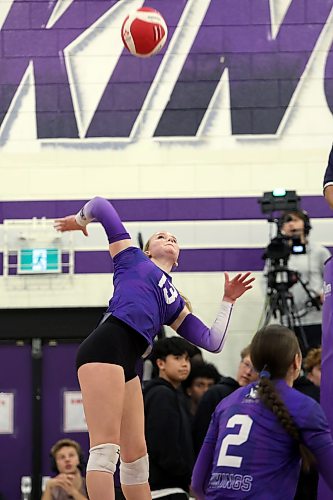Hollie Brugger #13 of the Vincent Massey Vikings leaps to hammer the ball during the Vikings match against the Collège Stonewall Collegiate Rams in the Viking Classic High School Varsity Girls Volleyball Tournament at VMHS on Friday.
(Tim Smith/The Brandon Sun)