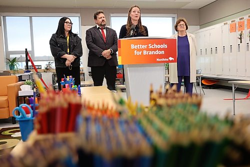 Education and Early Childhood Learning Minister Tracy Schmidt speaks during a press conference at Maryland Park School to announce the opening of the school expansion on Friday. The expansion increases the school capacity to 900 and adds 14 new classrooms. (Tim Smith/The Brandon Sun)