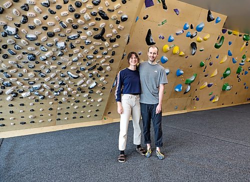 BROOK JONES/FREE PRESS
David Kalmakoff (right), 30, who recently opened a small bouldering facility called the Kal Climbing Gym at 222 St. Mary's Rd. in Winnipeg, Man., is pictured with his partner Annie Rose Daudet, 29, afternoon of Oct. 9, 2026.