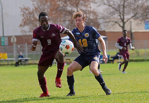 Assiniboine College's Adeniyi Adetunmobi and Brandon University's Levi Francis battle for the ball during their MCAC men's soccer game at the Healthy Living Centre field on Saturday. Brandon won 9-0. (Thomas Friesen/The Brandon Sun)