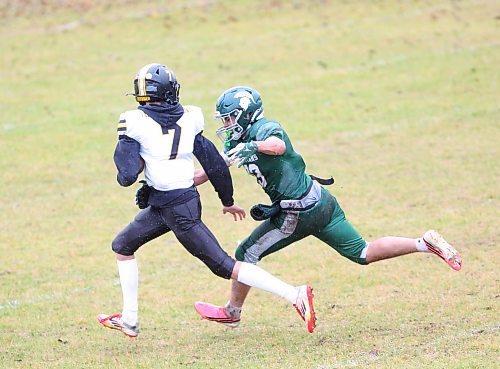 Yusef Eltawil tackles Evan Searcy on a play where it looked like Searcy would score. Eltawil played both sides of the ball throughout the contest for Neelin. (Rowan McCarthy/The Brandon Sun)