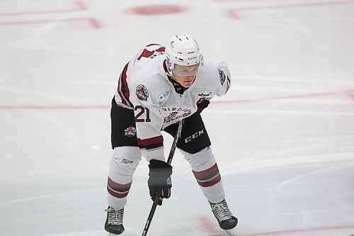 Tyson Draper lines up for a faceoff against the Winnipeg Blues on Saturday at Tundra Oil & Gas place. (Rowan McCarthy/The Brandon Sun).