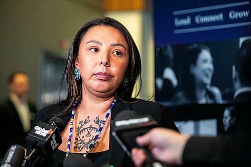 MIKAELA MACKENZIE / FREE PRESS
AMC grand chief Kyra Wilson speaks to the media after the state of the province address at the RBC Convention Centre on Tuesday, Dec. 9, 2025.
For Gabby story.
Free Press 2025