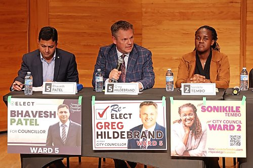 Brandon City Council Ward 5 candidate Greg Hildebrand speaks during the first of two Brandon City Councillor candidate debates on Wednesday evening at Brandon University’s Lorne Watson Recital Hall. The first debate featured candidates from Ward 5 and Ward 2.
(Tim Smith/The Brandon Sun)