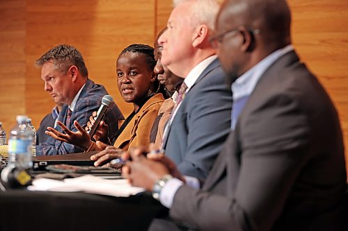 Brandon City Council Ward 2 candidate Sonikile Tembo speaks during the first of two Brandon City Councillor candidate debates on Wednesday evening at Brandon University’s Lorne Watson Recital Hall. The first debate featured candidates from Ward 5 and Ward 2.
(Tim Smith/The Brandon Sun)