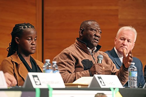 Brandon City Council Ward 2 candidate Buchi Onuke speaks during the first of two Brandon City Councillor candidate debates on Wednesday evening at Brandon University’s Lorne Watson Recital Hall. The first debate featured candidates from Ward 5 and Ward 2.
(Tim Smith/The Brandon Sun)