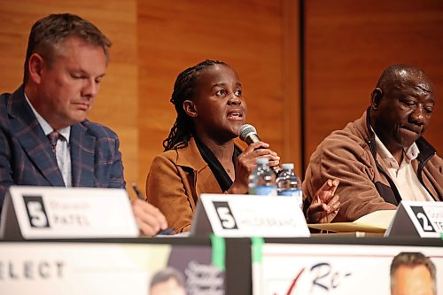 Brandon City Council Ward 2 candidate Sonikile Tembo speaks during the first of two Brandon City Councillor candidate debates on Wednesday evening at Brandon University’s Lorne Watson Recital Hall. The first debate featured candidates from Ward 5 and Ward 2.
(Tim Smith/The Brandon Sun)
