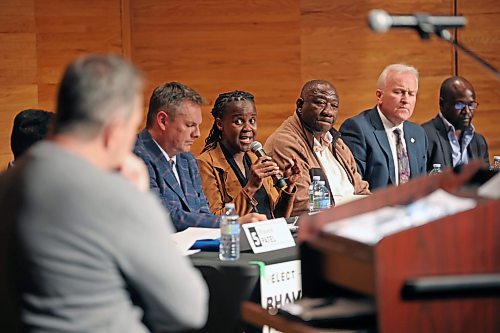 Brandon City Council Ward 2 candidate Sonikile Tembo speaks during the first of two Brandon City Councillor candidate debates on Wednesday evening at Brandon University’s Lorne Watson Recital Hall. The first debate featured candidates from Ward 5 and Ward 2.
(Tim Smith/The Brandon Sun)