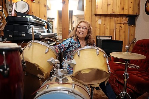 Sue-On Hillman with her drum kit in the basement of her home in Brandon on Wednesday, October 14, 2026. 
(Tim Smith/The Brandon Sun)