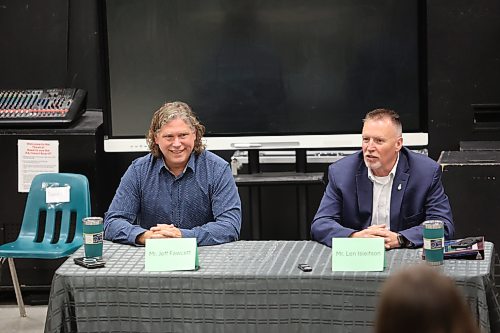 Mayoral candidate Len Isleifson (right) responds to a question while Mayor Jeff Fawcett looks on during the candidate forum organized by École secondaire Neelin High School students on Friday morning. (Abiola Odutola/The Brandon Sun)