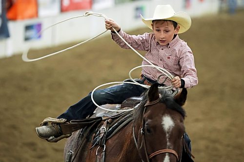 Lawson Dalgliesh of Virden competes in the junior high boys’ breakaway event at the Brandon High School Indoor Rodeo at the Keystone Centre on Thursday. The high school rodeo ended Friday. The Wheat City Cowtown Eastern Circuit Finals rodeo, which also kicked off Thursday evening, runs again tonight. (Tim Smith/The Brandon Sun)
