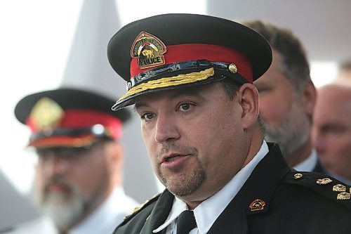 Manitoba First Nations Police Service Chief Jason Colon speaks during a press conference at the Waywayseecappo Convention Centre north of Brandon on Friday morning. (Matt Goerzen/The Brandon Sun)