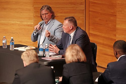 City of Brandon Mayoral candidate Jeff Fawcett speaks while taking part in the mayoral debate with fellow candidate Len Isleifson at Brandon University’s Lorne Watson Recital Hall on Friday evening.
(Tim Smith/The Brandon Sun)