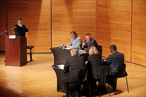 City of Brandon Mayoral candidate Len Isleifson speaks while taking part in the mayoral debate with fellow candidate Jeff Fawcett at Brandon University’s Lorne Watson Recital Hall on Friday evening.
(Tim Smith/The Brandon Sun)