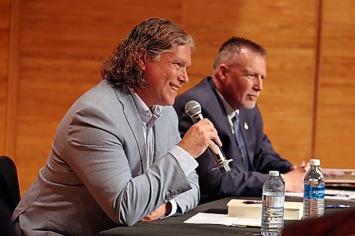 City of Brandon Mayoral candidate Jeff Fawcett speaks while taking part in the mayoral debate with fellow candidate Len Isleifson at Brandon University’s Lorne Watson Recital Hall on Friday evening.
(Tim Smith/The Brandon Sun)