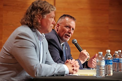 City of Brandon Mayoral candidate Len Isleifson speaks while taking part in the mayoral debate with fellow candidate Jeff Fawcett at Brandon University’s Lorne Watson Recital Hall on Friday evening. 
(Tim Smith/The Brandon Sun)