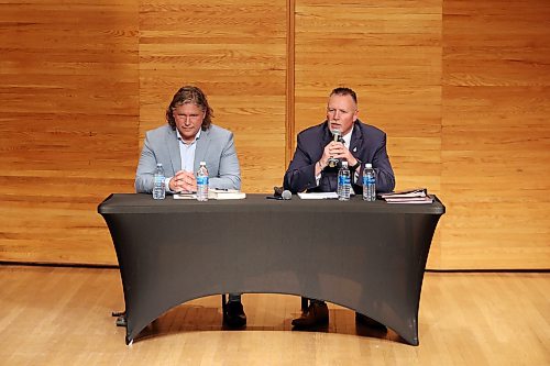 City of Brandon Mayoral candidates Jeff Fawcett and Len Isleifson take part in the mayoral debate at Brandon University’s Lorne Watson Recital Hall on Friday evening. 
(Tim Smith/The Brandon Sun)