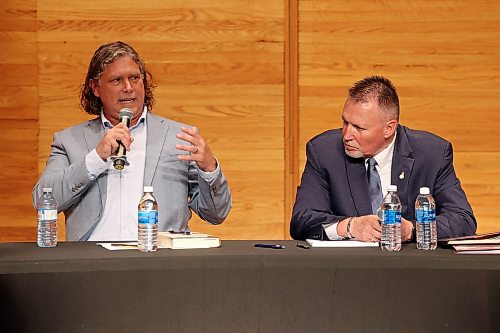 City of Brandon Mayoral candidate Jeff Fawcett speaks while taking part in the mayoral debate with fellow candidate Len Isleifson at Brandon University’s Lorne Watson Recital Hall on Friday evening. 
(Tim Smith/The Brandon Sun)