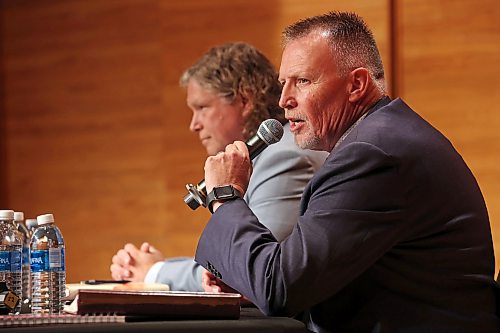 City of Brandon Mayoral candidate Len Isleifson speaks while taking part in the mayoral debate with fellow candidate Jeff Fawcett at Brandon University’s Lorne Watson Recital Hall on Friday evening. 
(Tim Smith/The Brandon Sun)