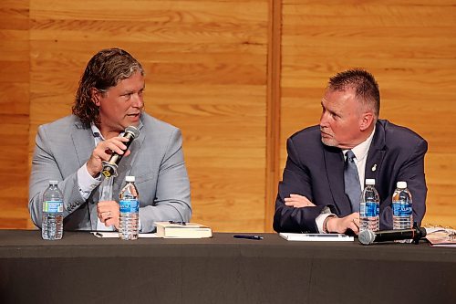 City of Brandon Mayoral candidate Jeff Fawcett speaks while taking part in the mayoral debate with fellow candidate Len Isleifson at Brandon University’s Lorne Watson Recital Hall on Friday evening. 
(Tim Smith/The Brandon Sun)