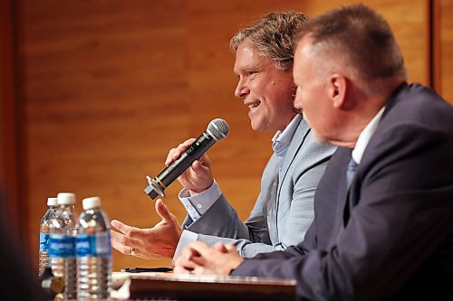 City of Brandon Mayoral candidate Jeff Fawcett speaks while taking part in the mayoral debate with fellow candidate Len Isleifson at Brandon University’s Lorne Watson Recital Hall on Friday evening. 
(Tim Smith/The Brandon Sun)