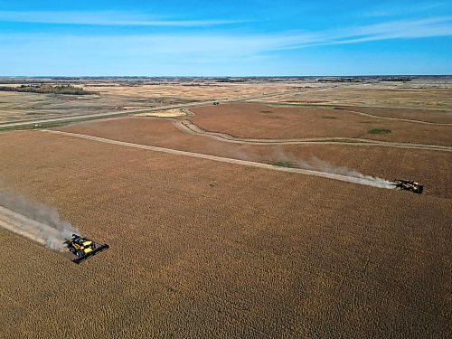 Combines harvest soybeans during the Acres of Hope Rivers and Oak River community harvest in support of the Canadian Foodgrains Bank at a field east of Rivers on Monday. Farmers from the area came together to harvest approximately 155 acres of soybeans, which will be sold at market with the proceeds going to the CFB. CFB has close to three dozen growing projects in Manitoba this year. The Acres of Hope harvest is the last of CFB project harvests for 2026. The CFB works to help provide resources in food insecure areas around the world with the aim of ending ending hunger. Dozens of volunteers are involved in the Acres of Hope project, donating time, seed, chemicals, equipment and anything else needed for the project. Six combines took part in the harvest on Monday, as well as grain carts and grain trucks. Combines harvest soybeans during the Acres of Hope Rivers and Oak River community harvest in support of the Canadian Foodgrains Bank at a field east of Rivers on Monday. Farmers from the area came together to harvest approximately 155 acres of soybeans, which will be sold at market with the proceeds going to the CFB. CFB has close to three dozen growing projects in Manitoba this year. The Acres of Hope harvest is the last of CFB project harvests for 2026. The CFB works to help provide resources in food insecure areas around the world with the aim of ending ending hunger. Dozens of volunteers are involved in the Acres of Hope project, donating time, seed, chemicals, equipment and anything else needed for the project. Six combines took part in the harvest on Monday, as well as grain carts and grain trucks.
(Tim Smith/The Brandon Sun)
