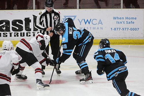 Xander Mecas takes a faceoff in his defensive end at Tundra Oil & Gas Place on Oct. 10. Mecas joined the Blues at the beginning of the season after multi years with the Waywayseecappo Wolverines. (Rowan McCarthy/The Brandon Sun).