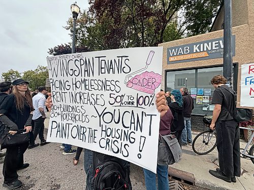 SCOTT BILLECK / FREE PRESS
- dozens of protesters who lined the sidewalk outside Premier Wab Kinew’s constituency office on Osborne Street Friday afternoon, calling on the Residential Tenancies Branch to freeze disputed rent increases until tenants have a chance to challenge them.