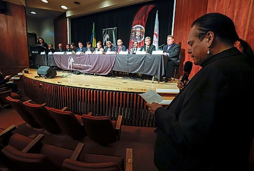 JOHN WOODS / FREE PRESS
Chief Settee questions mayoral candidates, from left, Joshua Pagdato, Scott Gillingham, Noah Redden, Johnny Calderón, Brad Gross, Mazher Alam, Tracey Drexler, Don Woodstock, Chris Clacio, Umar Hayat, Kevin Klein, Mike Vogiatzakis during the Mayoral Candidate Forum: Urban First Nations Priorities at the Manitoba Museum in Winnipeg, Tuesday, October 20, 2026. The Assembly of Manitoba
Chiefs (AMC), Manitoba Keewatinowi Okimakanak (MKO), the Southern Chiefs' Organization (SCO) and Treaty One Nations (T1N) will host a forum for Winnipeg mayoral candidates focused on issues and priorities important to First Nations people living in Winnipeg.
reporter: morgan