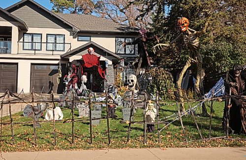 Spooky Halloween decorations fill a yard for The Haunt at Edwardson Manor at 539 Ross Avenue on a sunny Tuesday. The Haunt at Edwardson Manor is taking donations for the Brandon Humane Society.
(Tim Smith/The Brandon Sun)
