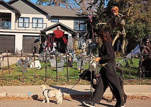 A pedestrian walks her dogs past the Haunt at Edwardson Manor spooky Halloween display at 539 Ross Avenue on a sunny Tuesday. The Haunt at Edwardson Manor is taking donations for the Brandon Humane Society.
(Tim Smith/The Brandon Sun)