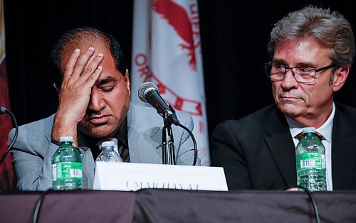 JOHN WOODS / FREE PRESS
Mayoral candidates, from left, Umar Hayat weeps as Kevin Klein looks on during the Mayoral Candidate Forum: Urban First Nations Priorities at the Manitoba Museum in Winnipeg, Tuesday, October 20, 2026. The Assembly of Manitoba
 Chiefs (AMC), Manitoba Keewatinowi Okimakanak (MKO), the Southern Chiefs' Organization (SCO) and Treaty One Nations (T1N) will host a forum for Winnipeg mayoral candidates focused on issues and priorities important to First Nations people living in Winnipeg.

reporter: morgan