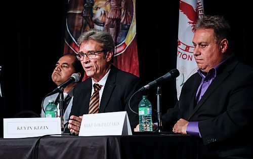JOHN WOODS / FREE PRESS
Mayoral candidates, from left, Umar Hayat, Kevin Klein and Mike Vogiatzakis during the Mayoral Candidate Forum: Urban First Nations Priorities at the Manitoba Museum in Winnipeg, Tuesday, October 20, 2026. The Assembly of Manitoba
Chiefs (AMC), Manitoba Keewatinowi Okimakanak (MKO), the Southern Chiefs' Organization (SCO) and Treaty One Nations (T1N) will host a forum for Winnipeg mayoral candidates focused on issues and priorities important to First Nations people living in Winnipeg.
reporter: morgan