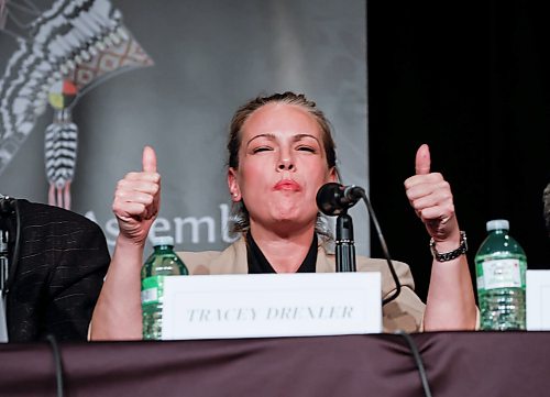 JOHN WOODS / FREE PRESS
Mayoral candidate Tracey Drexler gestures as an audience member heckles Kevin Klein during the Mayoral Candidate Forum: Urban First Nations Priorities at the Manitoba Museum in Winnipeg, Tuesday, October 20, 2026. The Assembly of Manitoba
 Chiefs (AMC), Manitoba Keewatinowi Okimakanak (MKO), the Southern Chiefs' Organization (SCO) and Treaty One Nations (T1N) will host a forum for Winnipeg mayoral candidates focused on issues and priorities important to First Nations people living in Winnipeg.

reporter: morgan
