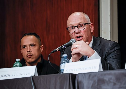 JOHN WOODS / FREE PRESS
Mayoral candidates, from left, Joshua Pagdato and Scott Gillingham during the Mayoral Candidate Forum: Urban First Nations Priorities at the Manitoba Museum in Winnipeg, Tuesday, October 20, 2026. The Assembly of Manitoba
Chiefs (AMC), Manitoba Keewatinowi Okimakanak (MKO), the Southern Chiefs' Organization (SCO) and Treaty One Nations (T1N) will host a forum for Winnipeg mayoral candidates focused on issues and priorities important to First Nations people living in Winnipeg.
reporter: morgan