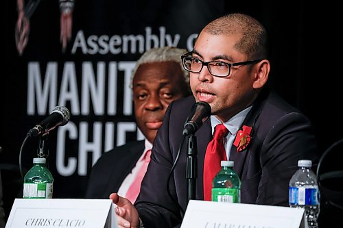 JOHN WOODS / FREE PRESS
Mayoral candidates, from left, Don Woodstock and Chris Clacio during the Mayoral Candidate Forum: Urban First Nations Priorities at the Manitoba Museum in Winnipeg, Tuesday, October 20, 2026. The Assembly of Manitoba
Chiefs (AMC), Manitoba Keewatinowi Okimakanak (MKO), the Southern Chiefs' Organization (SCO) and Treaty One Nations (T1N) will host a forum for Winnipeg mayoral candidates focused on issues and priorities important to First Nations people living in Winnipeg.
reporter: morgan