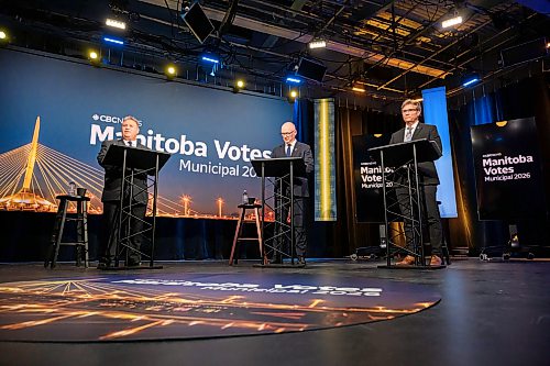 Mike Sudoma / Free Press
Mayoral candidates (left to right) Mike Vogiatzkis Scott Gillingham and Kevin Klein prepare for Wednesdays evenings mayoral debate in the CBC Studio in downtown Winnipeg
October 21, 2026