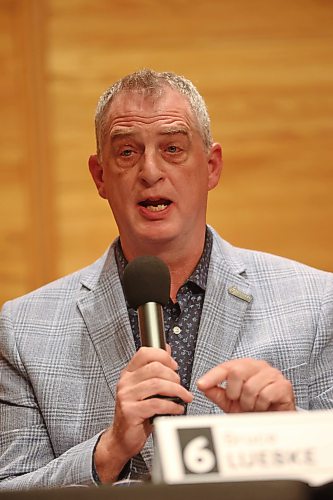 Acclaimed Ward 6 Coun. Bruce Luebke speaks to the audience during Wednesday's debate. (Matt Goerzen/The Brandon Sun)