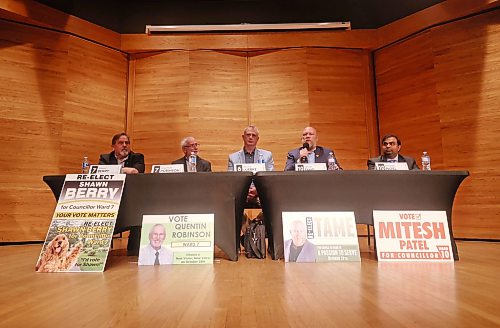From left: Ward 7 incumbent candidate Shawn Berry, Ward 7 challenger Quentin Robinson, acclaimed Ward 6 Coun. Bruce Luebke, Ward 10 incumbent candidate Tyson Tame, and Ward 10 challenger Mitesh Patel sit on stage during the municipal candidates debate for Wards 6, 7 and 10 on Wednesday evening, hosted by The Brandon Sun, Brandon University and WCGtv at the Lorne Watson Recital Hall. (Matt Goerzen/The Brandon Sun)