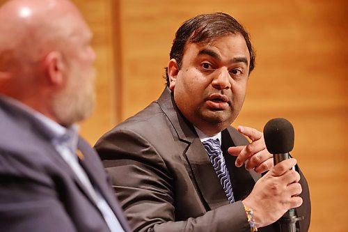 Challenger Mitesh Patel (Ward 10) speaks directly to Ward 7 incumbent candidate Shawn Berry during the municipal candidates debate for Wards 6, 7 and 10 on Wednesday evening, hosted by The Brandon Sun, Brandon University and WCGtv at the Lorne Watson Recital Hall.  (Matt Goerzen/The Brandon Sun)