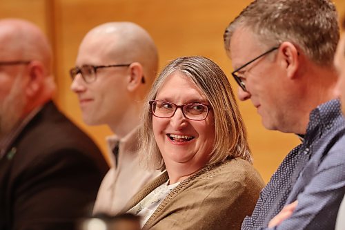 Ward 9 candidate Norah Woychyshyn shares a laugh with fellow Ward 9 candidate Scott Pedlow moments before the start of the municipal councillors debate for wards 1, 4 and 9 on Wednesday evening. The debate was hosted by The Brandon Sun, Brandon University and WCGtv at the Lorne Watson Recital Hall. (Matt Goerzen/The Brandon Sun)