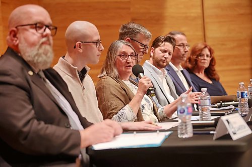 A line of council candidates listen to Ward 9 candidate Norah Woychyshyn answer a question from event moderator Kerry Auriat during the municipal councillors debate for wards 1, 4 and 9 on Wednesday evening. The debate was hosted by The Brandon Sun, Brandon University and WCGtv at the Lorne Watson Recital Hall. (Matt Goerzen/The Brandon Sun)