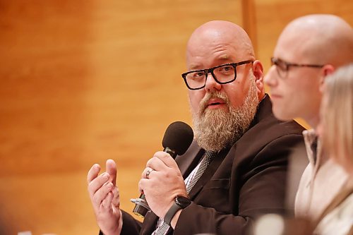 Ward 4 incumbent Shaun Cameron speaks to fellow candidates during the municipal councillors debate for wards 1, 4 and 9 on Wednesday evening. The debate was hosted by The Brandon Sun, Brandon University and WCGtv at the Lorne Watson Recital Hall. (Matt Goerzen/The Brandon Sun)