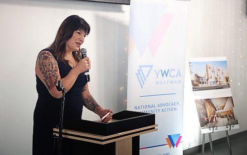 Housing, Addictions and Homelessness Minister Bernadette Smith talks to the audience during the YWCA Westman's women’s campus community launch in Brandon on Thursday. (Abiola Odutola/The Brandon Sun)