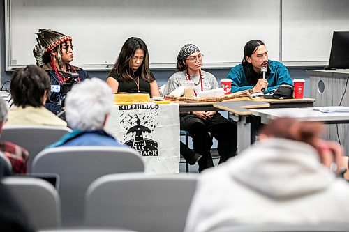 MIKAELA MACKENZIE / FREE PRESS
Panelists Ramon Kataquapit (left), Kakeka ThunderSky, Drew Harris and Denzel Sutherland-Wilson at the Arctic Crossroads Tour, a public engagement session about the future of northern Manitoba in the face of increased shipping and development interests in Churchill, on its Winnipeg stop at the University of Manitoba on Friday, Oct. 23, 2026.
For Eva story.
Free Press 2026