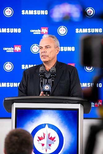MIKAELA MACKENZIE / FREE PRESS
Kevin Cheveldayoff speaks to the media about the Hellebuyck trade on Friday, Oct. 23, 2026.
For Mike story.
Free Press 2026